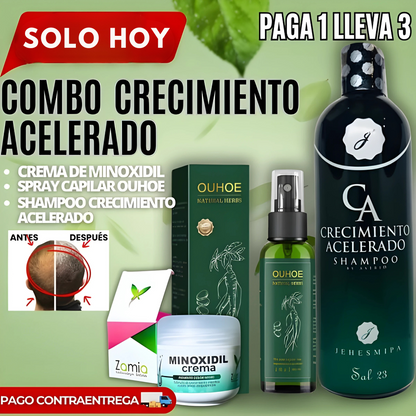 🌟COMBO X3🌟 – SHAMPOO CRECIMIENTO ACELERADO + ELIXIR CAPILAR OUHOE+ MINOXIDIL EN CREMA DE REGALO